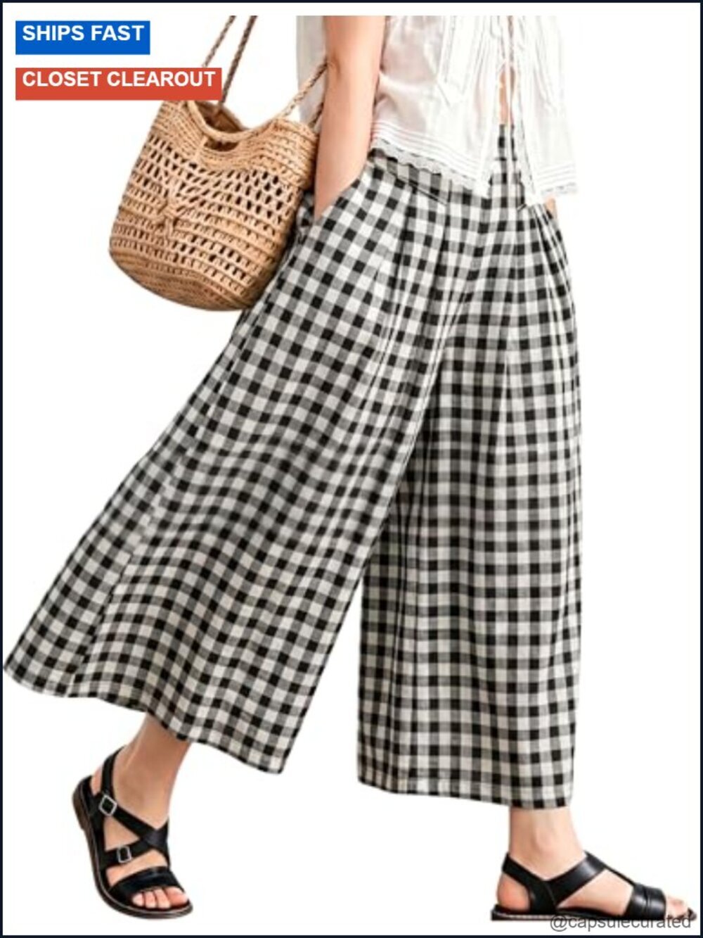 Wide Leg Culottes Gingham Check High Waisted Pleated Casual Trousers with
